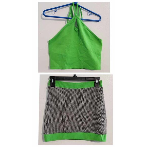 Zara Halter Crop Top + Knit Jacquard High Waisted Mini Skirt Neon Green Small - Picture 2 of 13